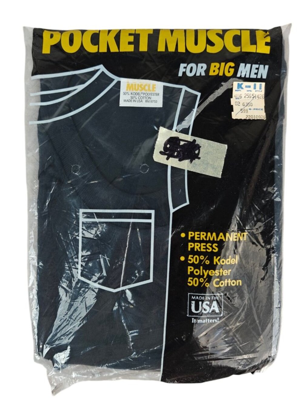 NEW Vintage Pocket Muscle Men's XXL Black T-Shirt 50% Cotton 50% Kodel USA-Made